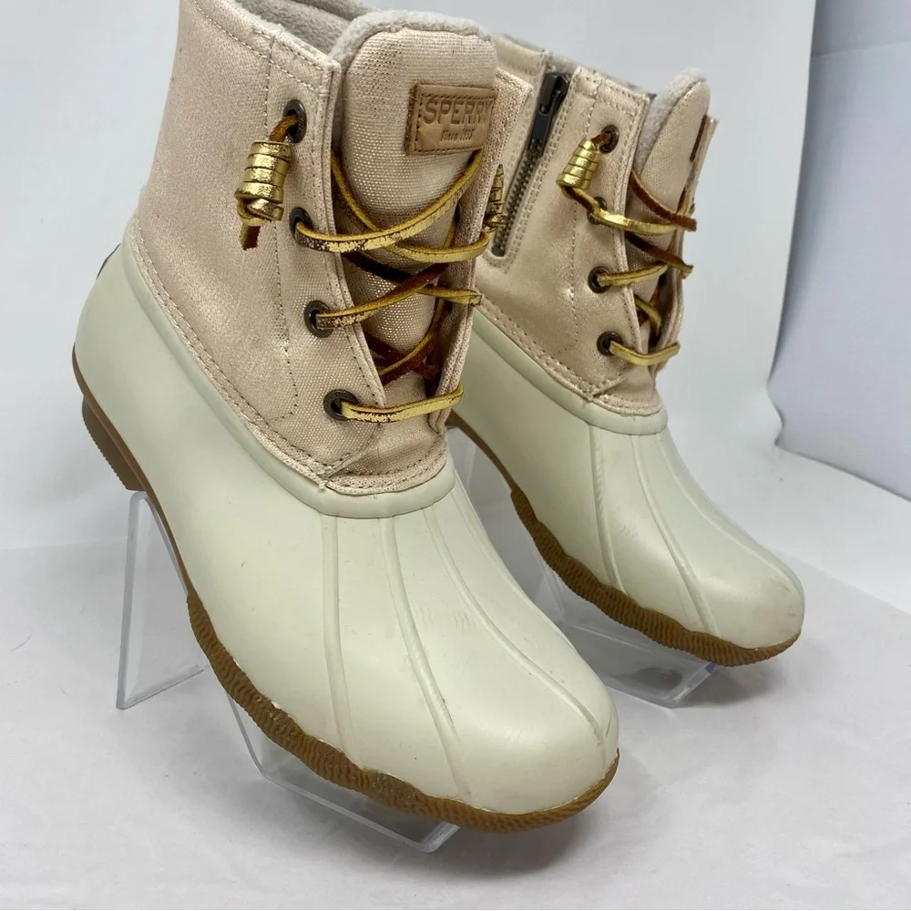 Sperry Saltwater Ivory Gold Waterproof Fleece Duck Boots Sz 6